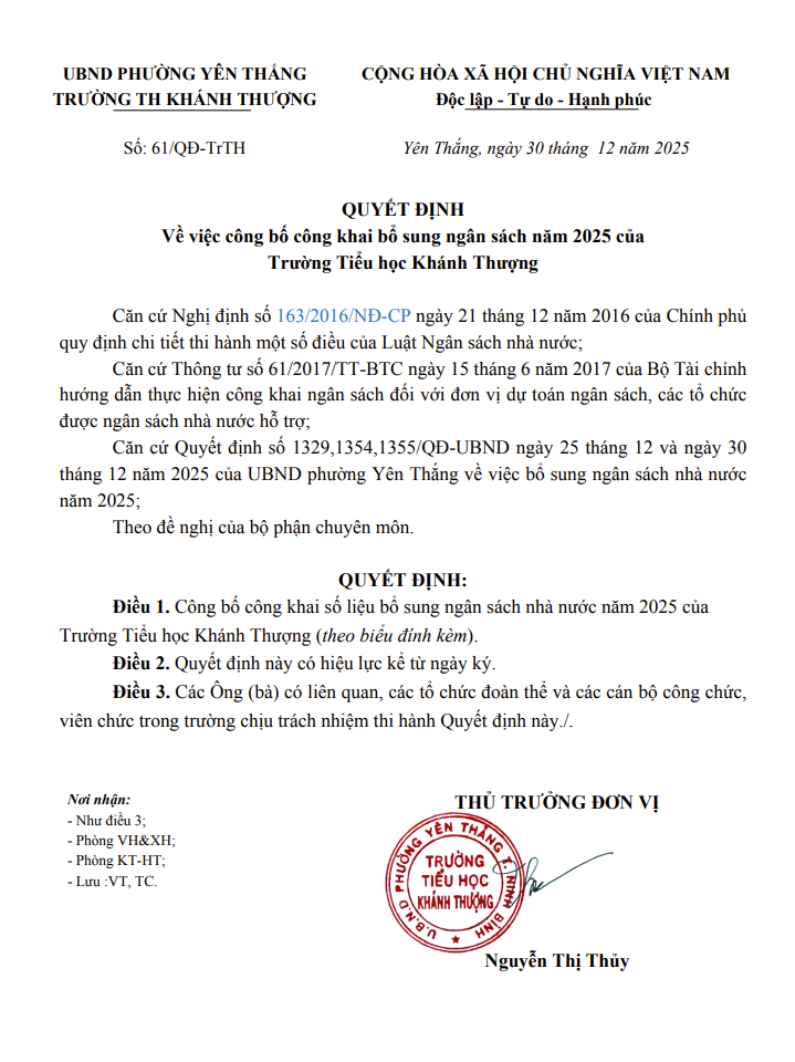 Quyết định về việc công bố công khai bổ sung ngân sách năm 2025 của trường Tiểu học Khánh Thượng