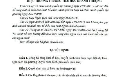 “Trường Tiểu học Khánh Thượng phường Yên Thắng quyết định “Về việc công khai số liệu, thuyết minh tình hình thực hiện dự toán ngân sách nhà nước quý II năm 2025”