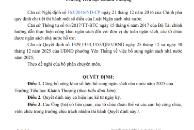 Quyết định về việc công bố công khai bổ sung ngân sách năm 2025 của trường Tiểu học Khánh Thượng