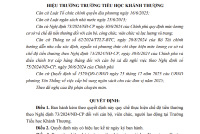 Quyết định Ban hành Quy chế thực hiện chế độ tiền thưởng theo Nghị định số 73/2024/NĐ-CP của trường Tiểu học Khánh Thượng