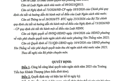Trường Tiểu học Khánh Thượng phường Yên Thắng, Quyết định: “Về việc công bố công khai quyết toán ngân sách năm 2025”