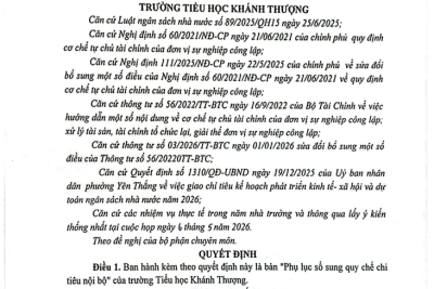 Trường Tiểu học Khánh Thượng – Phường Yên Thắng: Quyết định “Về việc bổ sung quy chế chi tiêu nội bộ năm 2026”