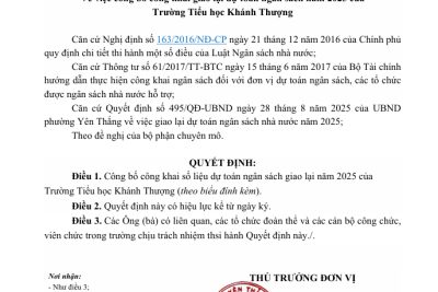 Quyết định về việc công bố công khai giao lại dự toán ngân sách năm 2025 của trường Tiểu học Khánh Thượng phường Yên Thắng
