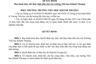 Trường Tiểu học Khánh Thượng phường Yên Thắng quyết định “Ban hành Quy chế thực hiện dân chủ của trường Tiểu học Khánh Thượng “