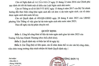 Trường Tiểu học Khánh Thượng phường Yên Thắng quyết định “Về việc công bố công khai giao lại dự toán ngân sách năm 2025 của trường Tiểu học Khánh Thượng “