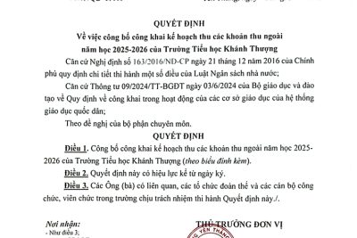 Trường Tiểu học Khánh Thượng phường Yên Thắng quyết định “Về việc công bố công khai kế hoạch thu các khoản thu ngoài năm học 2025-2026 của trường Tiểu học Khánh Thượng “
