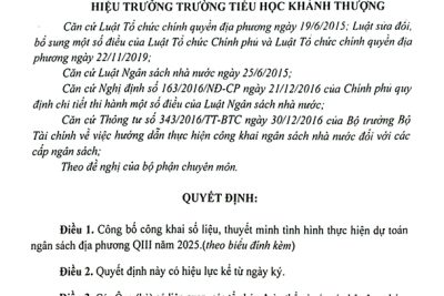 Trường Tiểu học Khánh Thượng phường Yên Thắng quyết định “Về việc công khai số liệu, thuyết minh tình hình thực hiện dự toán ngân sách nhà nước quý III năm 2025”